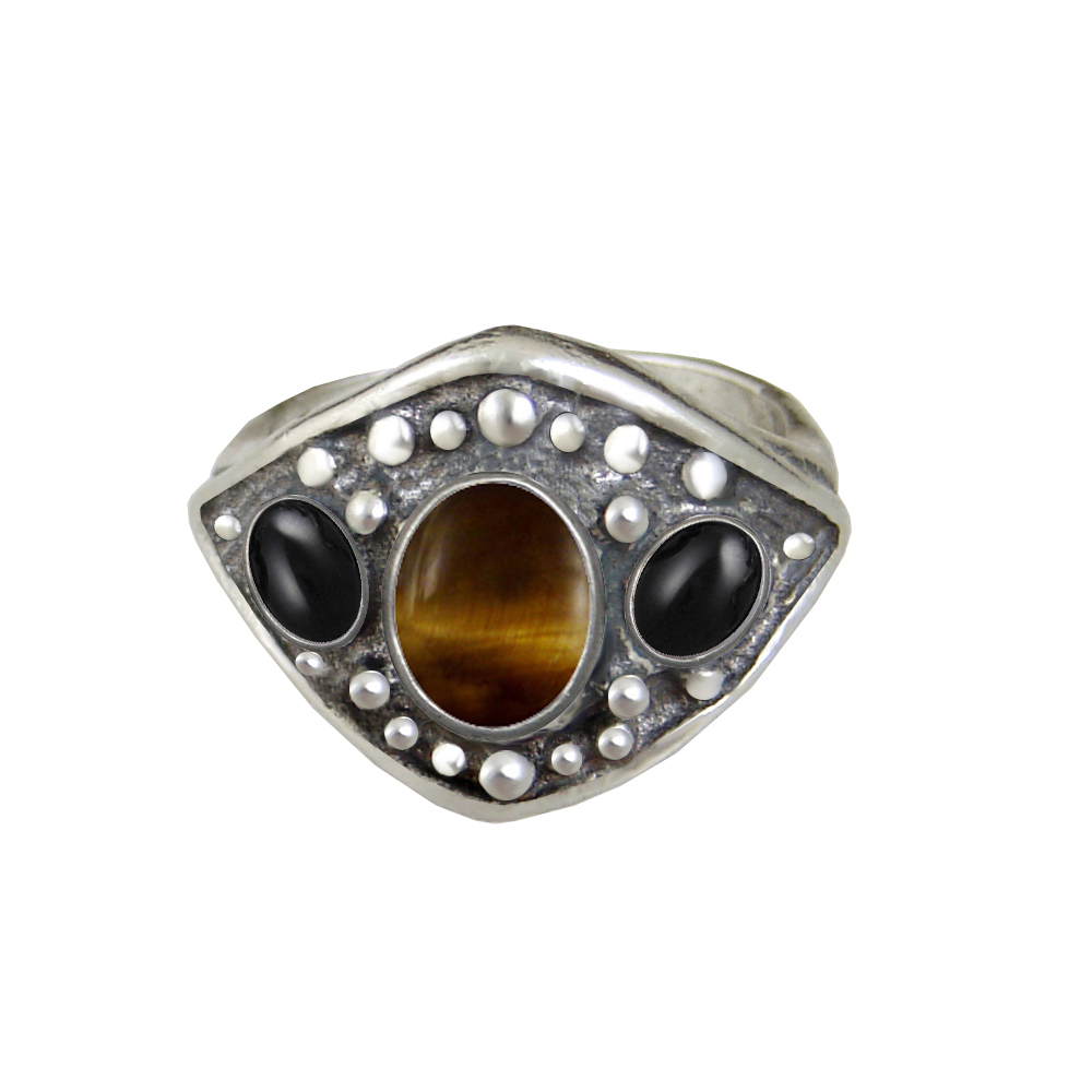 Sterling Silver Medieval Lady's Ring with Tiger Eye And Black Onyx Size 8